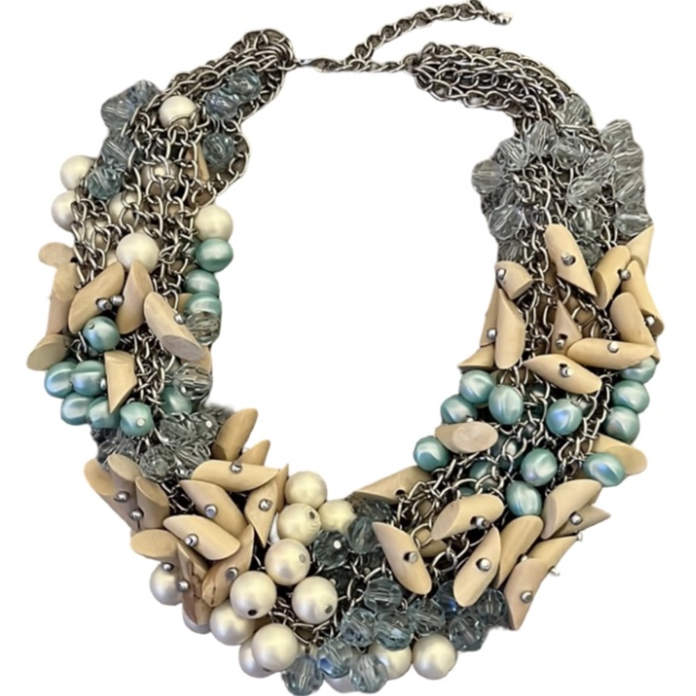 Mystic Seashore Faux Pearl & Driftwood Multi Chain Bib Necklace